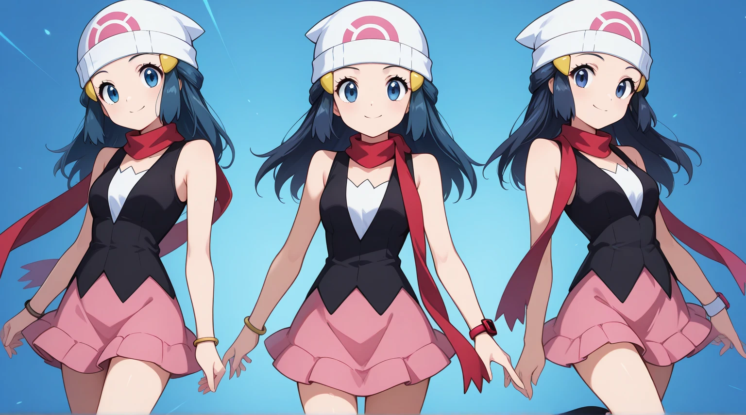 zzDawn, blue hair, blue eyes, sidelocks, long hair, bare shoulders, beanie, black shirt, black socks, bracelet, hat, jewelry, kneehighs, miniskirt, pink skirt, red scarf, scarf, shirt, skirt, sleeveless, sleeveless shirt, white headwear,
smile, looking at viewer, pretty background, dynamic pose,rectangular screen for editing, screen with 4 rectangular screens in neon blue, futuristic hud style,