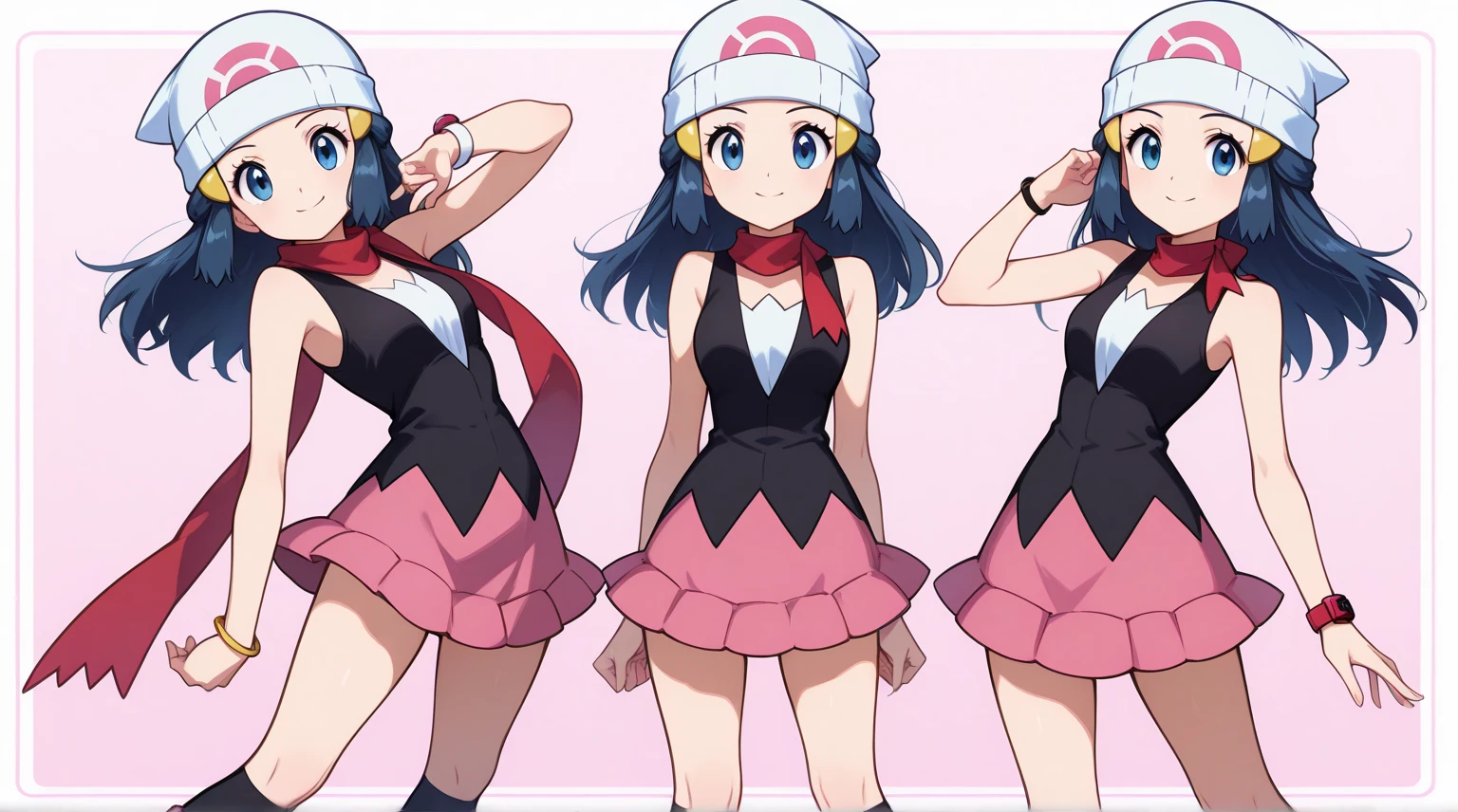 zzDawn, blue hair, blue eyes, sidelocks, long hair, bare shoulders, beanie, black shirt, black socks, bracelet, hat, jewelry, kneehighs, miniskirt, pink skirt, red scarf, scarf, shirt, skirt, sleeveless, sleeveless shirt, white headwear,
smile, looking at viewer, pretty background, dynamic pose,rectangular screen for editing, screen with 4 rectangular screens in neon blue, futuristic hud style,