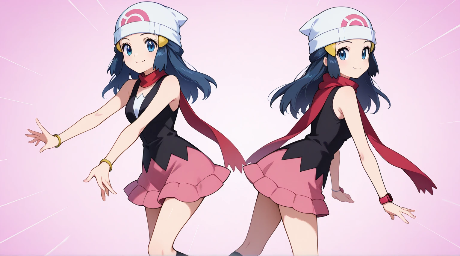 zzDawn, blue hair, blue eyes, sidelocks, long hair, bare shoulders, beanie, black shirt, black socks, bracelet, hat, jewelry, kneehighs, miniskirt, pink skirt, red scarf, scarf, shirt, skirt, sleeveless, sleeveless shirt, white headwear,
smile, looking at viewer, pretty background, dynamic pose,rectangular screen for editing, screen with 4 rectangular screens in neon blue, futuristic hud style,