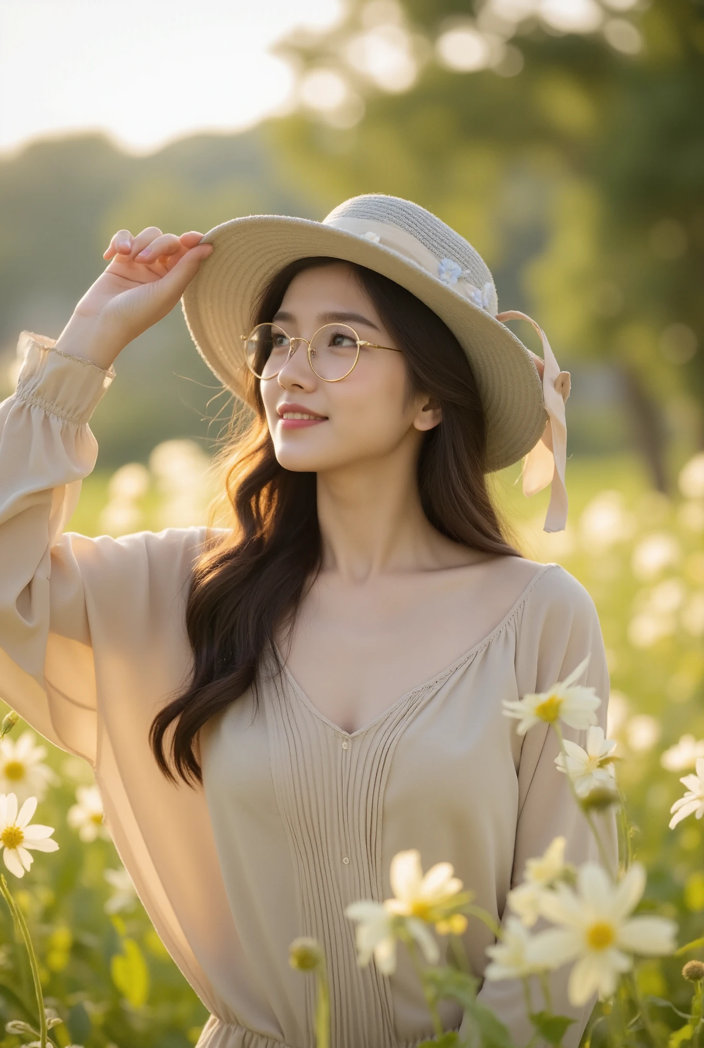 A young woman standing in a sunlit flower field, gazing up with a gentle smile. She is wearing a soft beige blouse with delicate pleats and long sleeves. A light gray sun hat with floral ribbon accents rests atop her flowing brown hair. She is also wearing round glasses that catch the sunlight. Her skin glows naturally in the warm light. Her hand delicately adjusts the brim of her hat as she stands among blooming white and yellow flowers. The environment features a lush flower field bathed in soft golden light, surrounded by greenery and distant blurred trees. The background is softly out of focus, adding depth and drawing attention to the woman as the focal point. Flowers sway gently, adding tranquility to the scene. Warm, soft sunlight filters through the trees, creating a dreamy golden hour glow, highlighting the edges of her hair and blouse. The style is ultra-realistic, soft-focus, and serene, emphasizing natural beauty, soft textures, and warm tones. The mood is peaceful, warm, and nostalgic, evoking a sense of calm and relaxation. The camera angle is a medium shot, slightly low, capturing her from the waist up with focus on her expression and interaction with the environment. Ultra-high definition (UHD), 8K resolution, with sharp and detailed features, yet soft and natural bokeh in the background. Subtle wind effect on her hair and blouse, detailed textures in the fabric, and realistic petal and foliage detail.