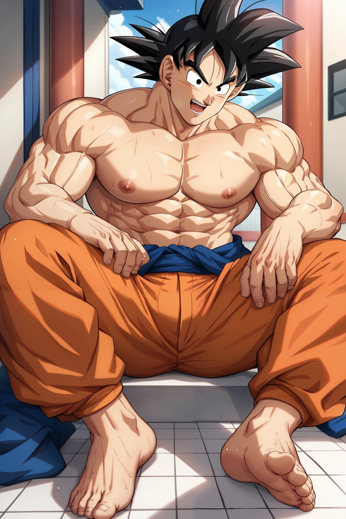 A Goku man sitting on the , sensually. hands behind his body ,  floor with a small, spotted red suspender. legs spread wide and showing off their perfect sweaty feet.  big muscular body , handsome,  outdoors with a lot of snow. your face with a lot of details , intense colors,  eyes looking at the audience with many details.  smiling. take from below. Anime Bara , Pecs, barefoot.  bare pectorals.  perfect body.  perfect and detailed anatomy . (( Shirtless,  without pants )) only