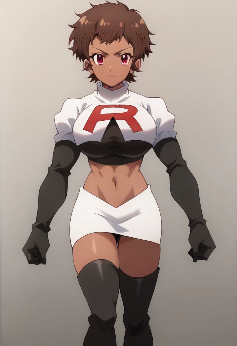 blossom, short hair, brown hair, dark-skinned female, 1girl, red eyes, solo, large breasts, muscular female, looking at viewer, team rocket,team rocket uniform,white skirt,red letter R,crop top,black thigh-highs,black elbow gloves, score_9, score_7_up,anime coloring ,source_anime, anime