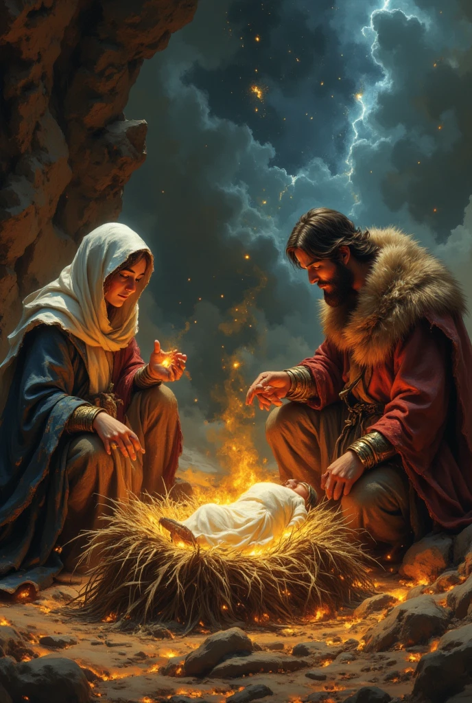 Beautiful scene  , The day of the birth of Jesus Christ in the manger together with Mary, Joseph and the 3 Magi. 