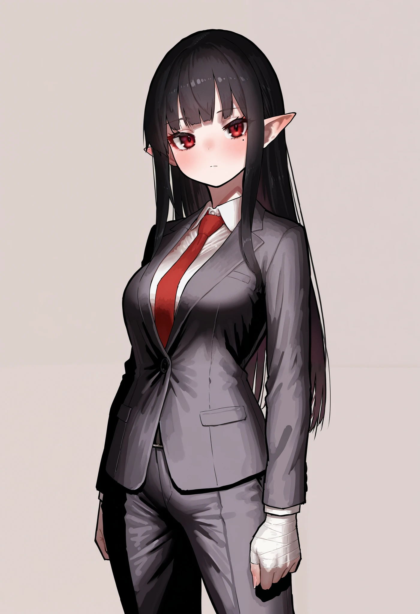 1girl, solo, ekrea jan style, black hair, long hair, straight hair, blunt bangs, side locks, dark red eyes, mole under both eye, suit, jacket, red tie, suit pants, medium breasts, bandaged hands, pointy ears, arms at sides, head tilt, grey background, looking at viewer, masterpiece, best quality, amazing quality, very aesthetic, high resolution