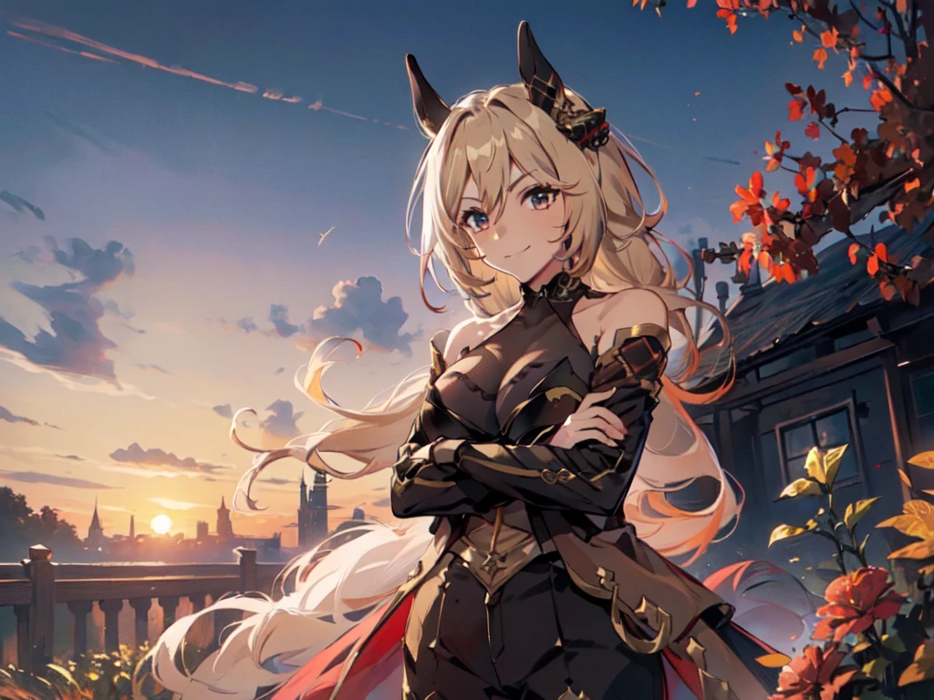 (Solo:2), (1 female:2), (Blonde, long hair, pants style), (Uma Musume, Durandal), (Horse ears), (Big breasts, arms crossed), (Short fingers, short arms), (Smiling, looking at camera), (Castle's red garden), (Sunset), (Focus on breasts), (Carefully drawn, amazing artwork, best quality, high resolution, 8K, detailed, delicate),