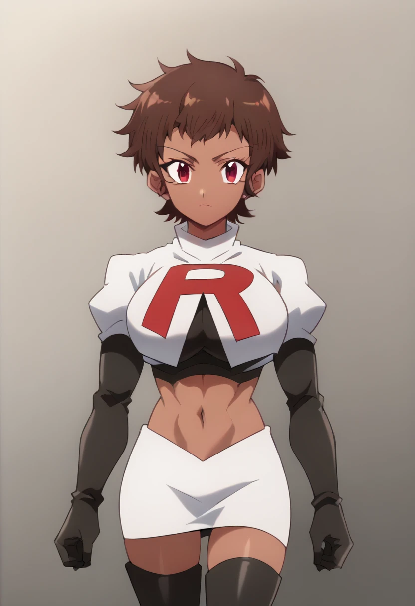 blossom, short hair, brown hair, dark-skinned female, 1girl, red eyes, solo, large breasts, muscular female, looking at viewer, team rocket,team rocket uniform,white skirt,red letter R,crop top,black thigh-highs,black elbow gloves, score_9, score_7_up,anime coloring ,source_anime, anime