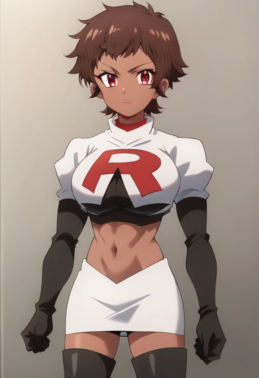 blossom, short hair, brown hair, dark-skinned female, 1girl, red eyes, solo, large breasts, muscular female, looking at viewer, team rocket,team rocket uniform,white skirt,red letter R,crop top,black thigh-highs,black elbow gloves, score_9, score_7_up,anime coloring ,source_anime, anime