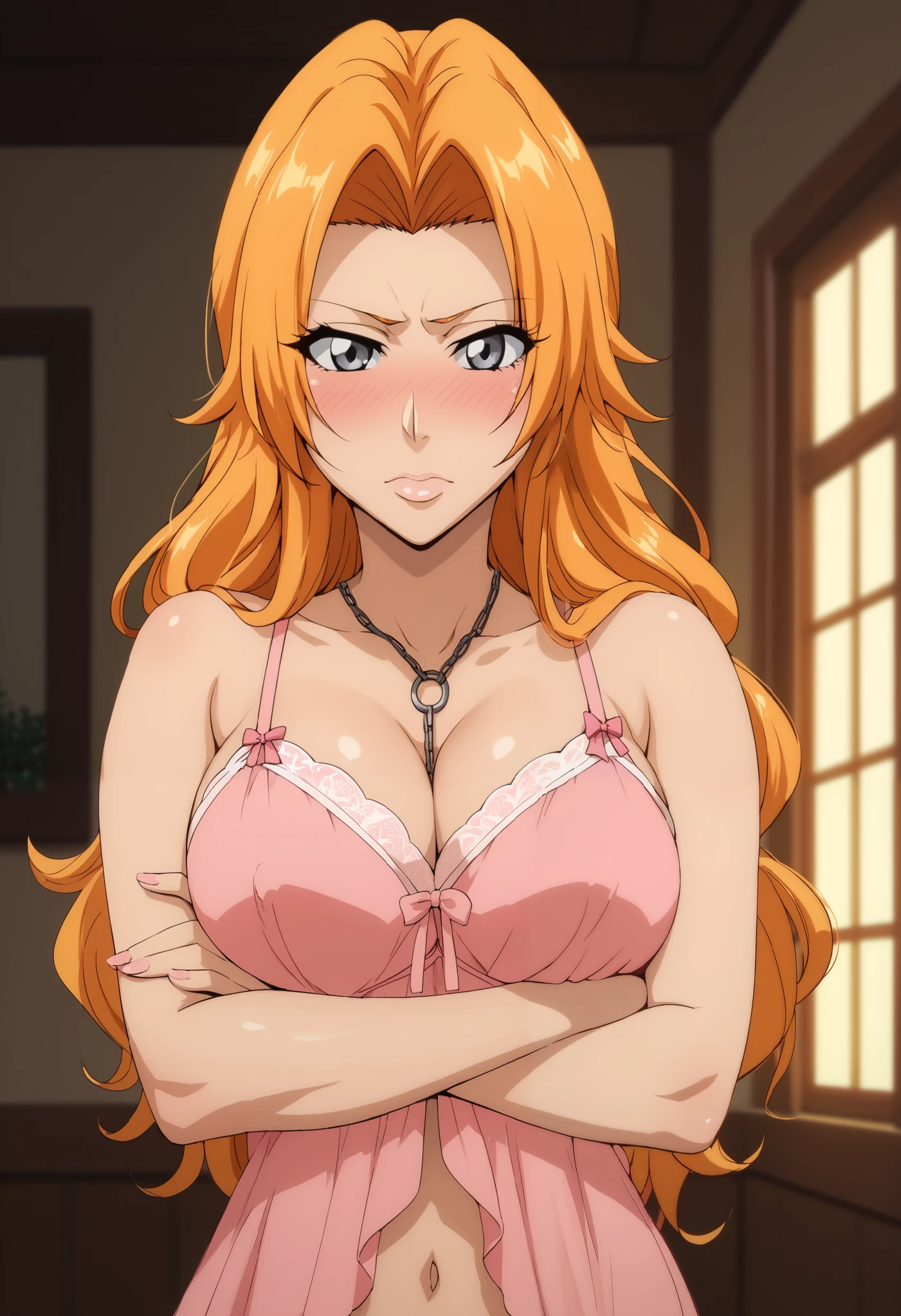 extremely detailed CG, high resolution, best quality, masterpiece, single woman, matsumoto rangiku (bleach), gray eyes, orange hair, nightgown, arms crossed, blushing, indoors, night