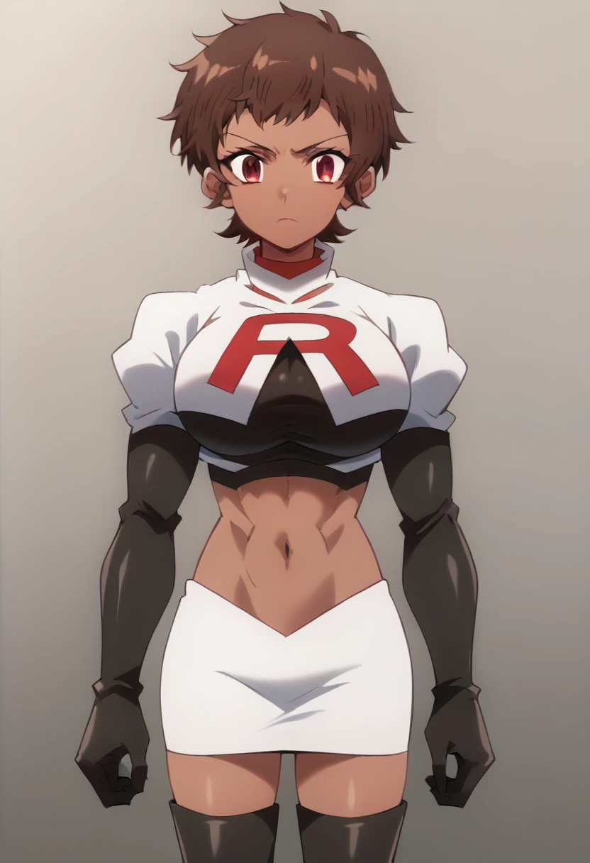 blossom, short hair, brown hair, dark-skinned female, 1girl, red eyes, solo, large breasts, muscular female, looking at viewer, team rocket,team rocket uniform,white skirt,red letter R,crop top,black thigh-highs,black elbow gloves, score_9, score_7_up,anime coloring ,source_anime, anime