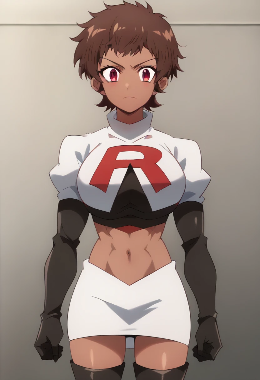 blossom, short hair, brown hair, dark-skinned female, 1girl, red eyes, solo, large breasts, muscular female, looking at viewer, team rocket,team rocket uniform,white skirt,red letter R,crop top,black thigh-highs,black elbow gloves, score_9, score_7_up,anime coloring ,source_anime, anime