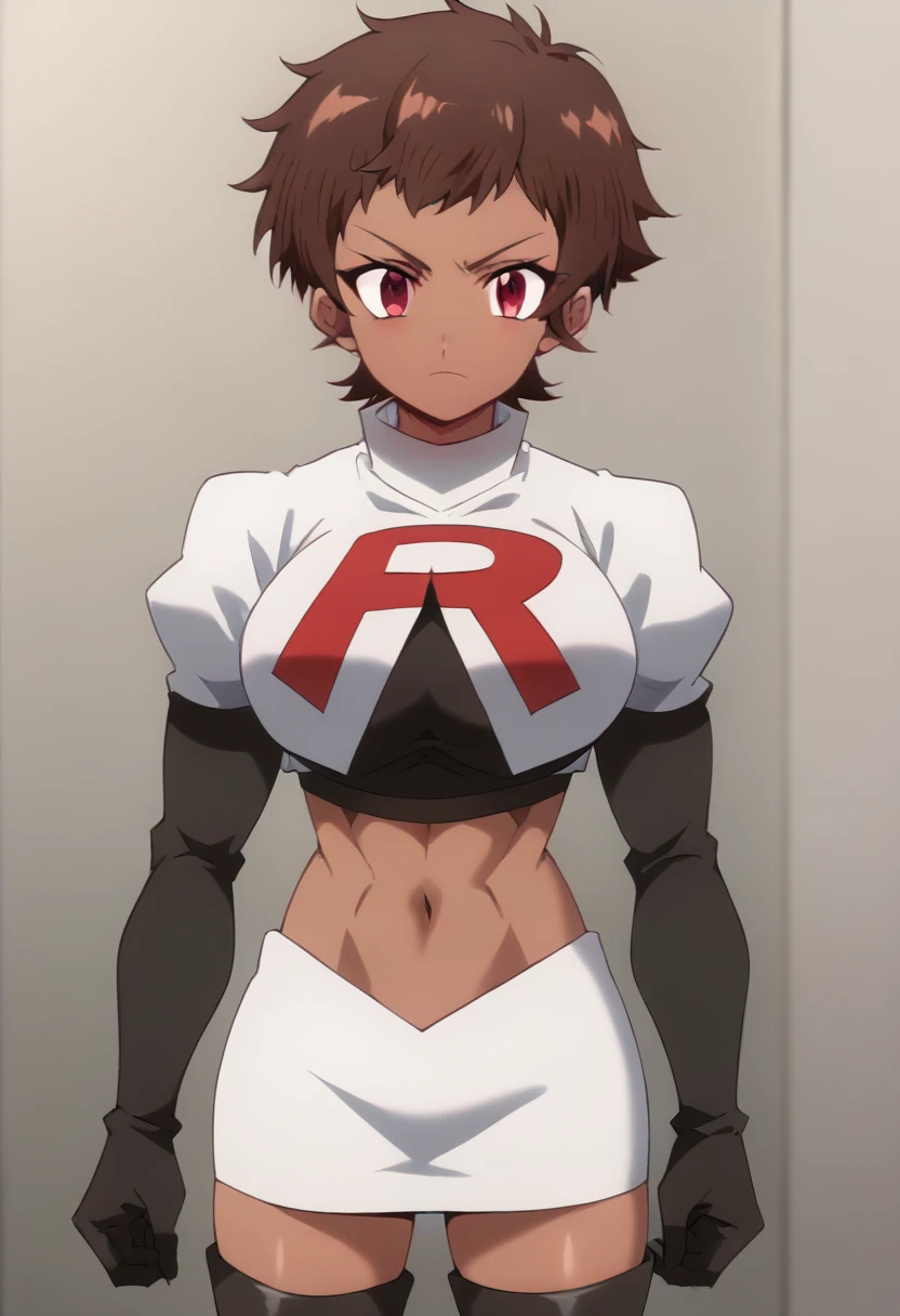 blossom, short hair, brown hair, dark-skinned female, 1girl, red eyes, solo, large breasts, muscular female, looking at viewer, team rocket,team rocket uniform,white skirt,red letter R,crop top,black thigh-highs,black elbow gloves, score_9, score_7_up,anime coloring ,source_anime, anime