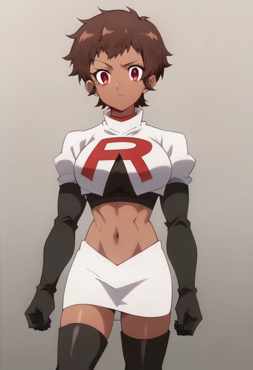 blossom, short hair, brown hair, dark-skinned female, 1girl, red eyes, solo, large breasts, muscular female, looking at viewer, team rocket,team rocket uniform,white skirt,red letter R,crop top,black thigh-highs,black elbow gloves, score_9, score_7_up,anime coloring ,source_anime, anime