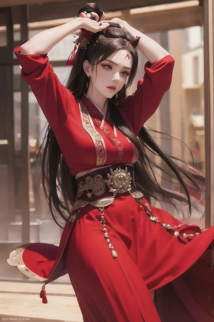 best quality, masterpiece, highres, official art, extremely detailed cg unity 8k wallpaper, 1girl, long hair, jewelry, hair ornament, realistic, she's wearing a beautiful red chinese hanfu dress, ((long sleeves)), wearing a red silk mask covering her face, full body, she looks angry