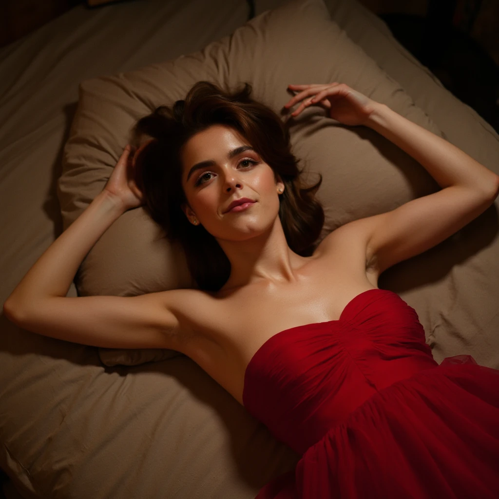 Kiernan Shipka, picture from above, lying limp on a bed on back, red strapless dress , drunk face, arms up