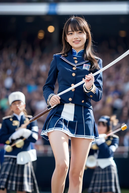 ＲＡＷ  color photo  ，８Ｋ，( Photorealistic ), (Ultra Realistic ), ( super high res), ( super high detail),  top quality 、4K Quality 1 Beautiful Girl 、((( Beautiful Girl Wearing Marching Band Uniform))),（(( Beautiful Girl Has an Idol Face 、Very small face、Beautiful figure、 slender、 very cute:1.5）,　(((Beautiful Girl Is Slim )))、 , bangs,  black hair,  brown eyes, Cute smile,　They are marching while spinning the baton on the stage、 full body shot、 and the skirt flips up 、 punch、White panties are visible