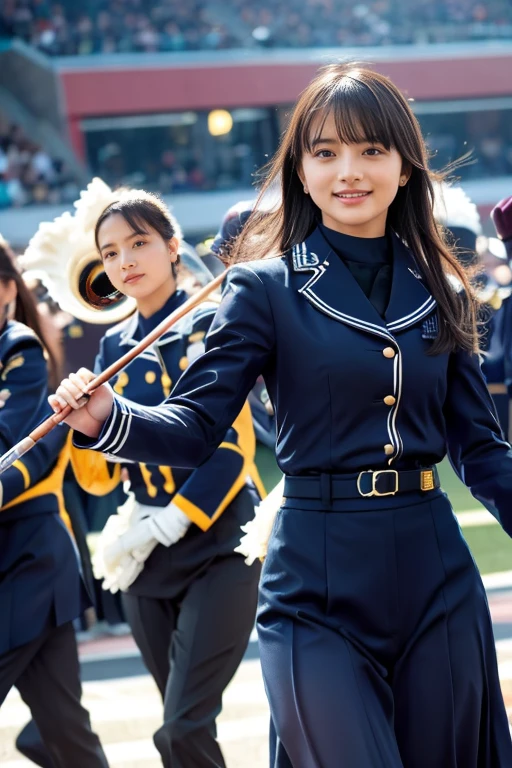 ＲＡＷ  color photo  ，８Ｋ，( Photorealistic ), (Ultra Realistic ), ( super high res), ( super high detail),  top quality 、4K Quality 1 Beautiful Girl 、((( Beautiful Girl Wearing Marching Band Uniform))),（(( Beautiful Girl Has an Idol Face 、 very cute:1.5）,　(((Beautiful Girl Is Slim )))、 , bangs,  black hair,  brown eyes, Cute smile,　They are marching while spinning the baton on the stage、 full body shot