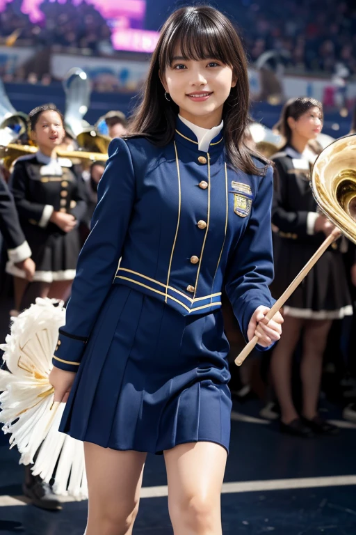 ＲＡＷ  color photo  ，８Ｋ，( Photorealistic ), (Ultra Realistic ), ( super high res), ( super high detail),  top quality 、4K Quality 1 Beautiful Girl 、((( Beautiful Girl Wearing Marching Band Uniform))),（(( Beautiful Girl Has an Idol Face 、 very cute:1.5）,　(((Beautiful Girl Is Slim )))、 , bangs,  black hair,  brown eyes, Cute smile,　They are marching while spinning the baton on the stage、 full body shot