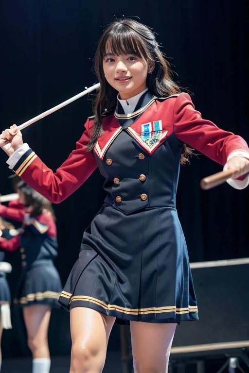 ＲＡＷ  color photo  ，８Ｋ，( Photorealistic ), (Ultra Realistic ), ( super high res), ( super high detail),  top quality 、4K Quality 1 Beautiful Girl 、((( Beautiful Girl Wearing Marching Band Uniform))),（(( Beautiful Girl Has an Idol Face 、 very cute:1.5）,　(((Beautiful Girl Is Slim )))、 , bangs,  black hair,  brown eyes, Cute smile,　They are marching while spinning the baton on the stage、 full body shot