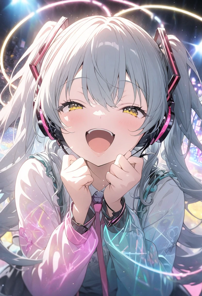  Hatsune Miku 、masterpiece,  top quality ,  Highly Detailed CG Unity 8k Wallpaper,  high school girl anime illustration . Headphone Microphone、Finger gun pose、  She closes her eyes and opens her mouth , smile.  The background is a live stage with neon lights, Gray Hair,  yellow eyes, Deep depth of writing 、Bokeh Photo, ( soft focus):1.2, Outfocus Highlights ,  Dreamy Vibes, Shining circle, Fascinating Depth 、 deep depth of field 