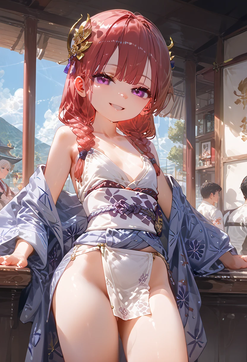 ((high quality)), ((nsfw)), ((highest quality)), ((high quality illustrations)), ((ultra-high resolution)), ((detailed Background)), ((shoin-style room interior background)), ((crowded with boys relaxing on a summer day)), ((summer season)), ((sunny day)), ((masterpiece)), ((wide shot)), ((good lighting)), ((high quality lighting)), ((perfect anatomy)), ((sexually active)), ((1girl)), ((**li girl)), ((petite body)), ((flat chest)), ((flat-chested girl)), ((petite legs)), ((body outline)), open-sided kimono, kimono open at the sides in yellow color, white obi, wearing white loincloth, smiling, purple eyes, long hair with red braids