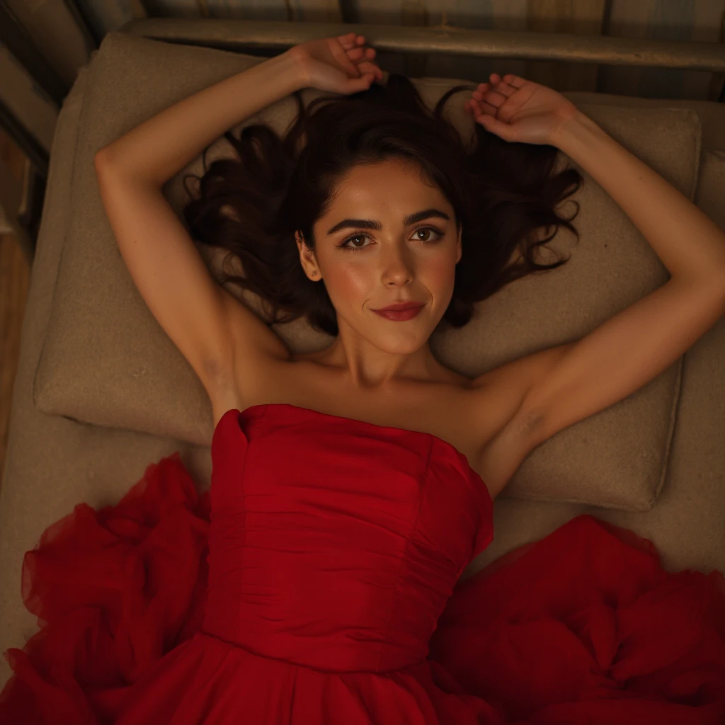 Kiernan Shipka, picture from above, lying limp on a bed on back, red strapless dress , drunk face, arms up