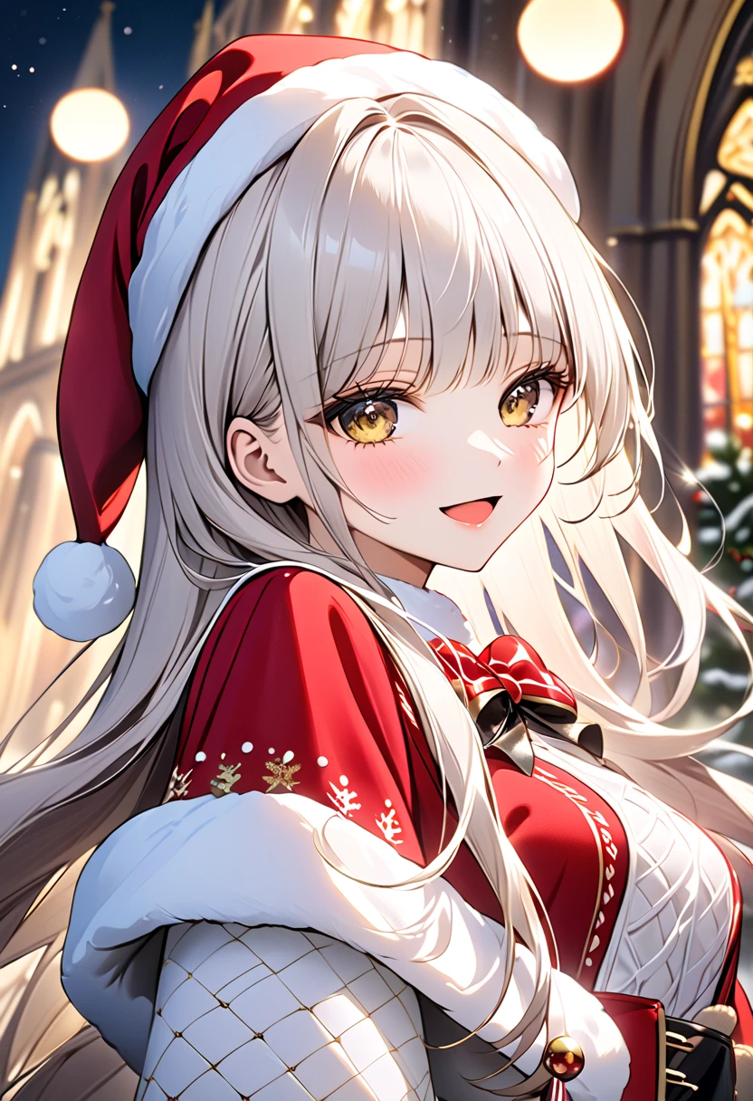  One girl , Alone,  Christmasケーキを持っている,【FHD,  super detailed ,  top quality ,  very delicate , ( upper body), cinematic lighting,  ultra detail showing the cathedral, 【FHD,  super detailed ,  top quality ,  very delicate , Side View, masterpiece,  top quality ,  Dynamic Angles ,  incredibly high resolution , highly detailed eyes, tsurime,  cute eyes from the right, smile,   open mouth , tooth,  full body ,  cute face, From the right, , Please turn sideways , , White Hair,   hair intake  , bangs,  long hair,  yellow eyes,  medium breasts, Polished nails, Santa hat, オフショルダーの Christmasコスチューム,  miniskirt,  Christmas long boots,  white fishnet pantyhose, ((Bokeh)),  hole,  Christmas , light,  neon sign , (Short focal length lens:1.4),  Cute Poses 