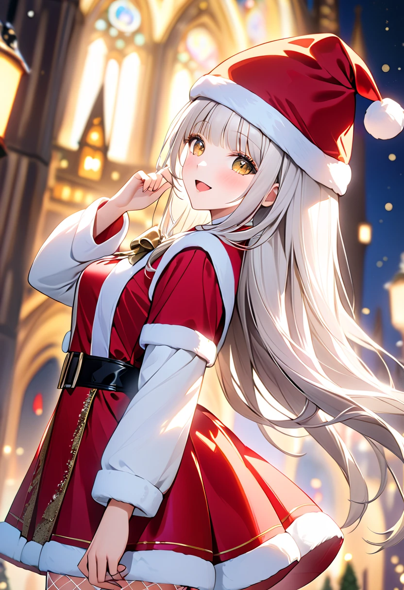  One girl , Alone,  Christmasケーキを持っている,【FHD,  super detailed ,  top quality ,  very delicate , ( upper body), cinematic lighting,  ultra detail showing the cathedral, 【FHD,  super detailed ,  top quality ,  very delicate , Side View, masterpiece,  top quality ,  Dynamic Angles ,  incredibly high resolution , highly detailed eyes, tsurime,  cute eyes from the right, smile,   open mouth , tooth,  full body ,  cute face, From the right, , Please turn sideways , , White Hair,   hair intake  , bangs,  long hair,  yellow eyes,  medium breasts, Polished nails, Santa hat, オフショルダーの Christmasコスチューム,  miniskirt,  Christmas long boots,  white fishnet pantyhose, ((Bokeh)),  hole,  Christmas , light,  neon sign , (Short focal length lens:1.4),  Cute Poses 