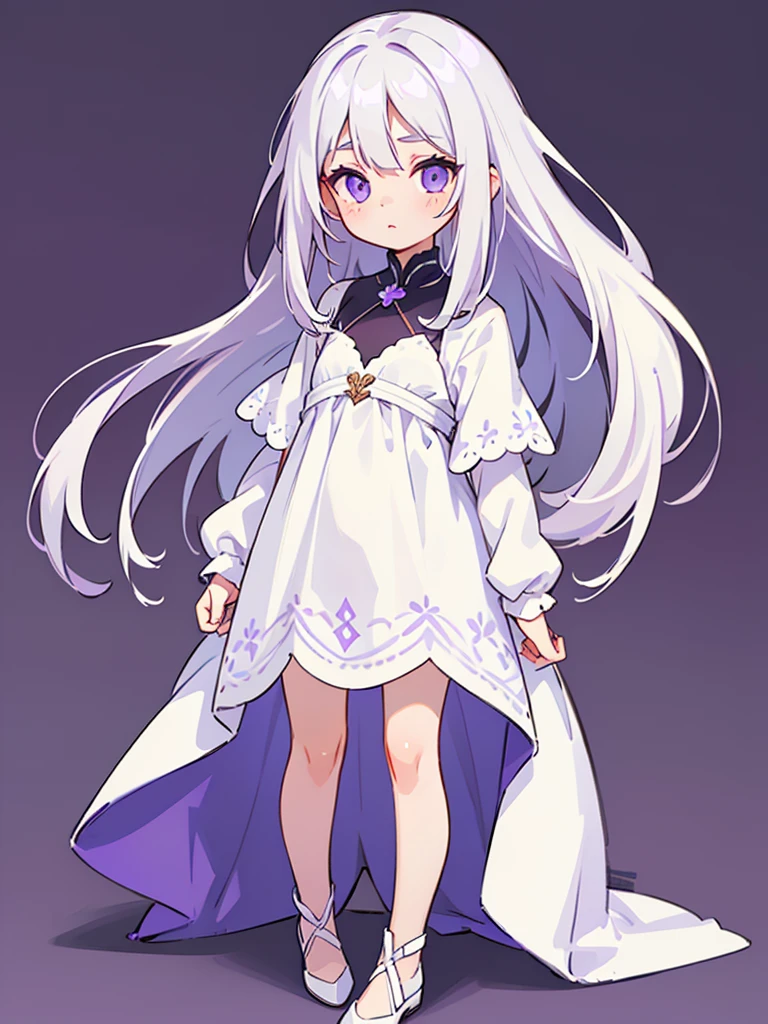 (masterpiece), (  Details), (  Details face), (  Details eyes)  simple background,  one girl , ( s), (change),  purple eyes,  eyes are glowing,  standing, 1 size , White Hair,  long hair, white dress,  full body , (Alone), (( realistic ))