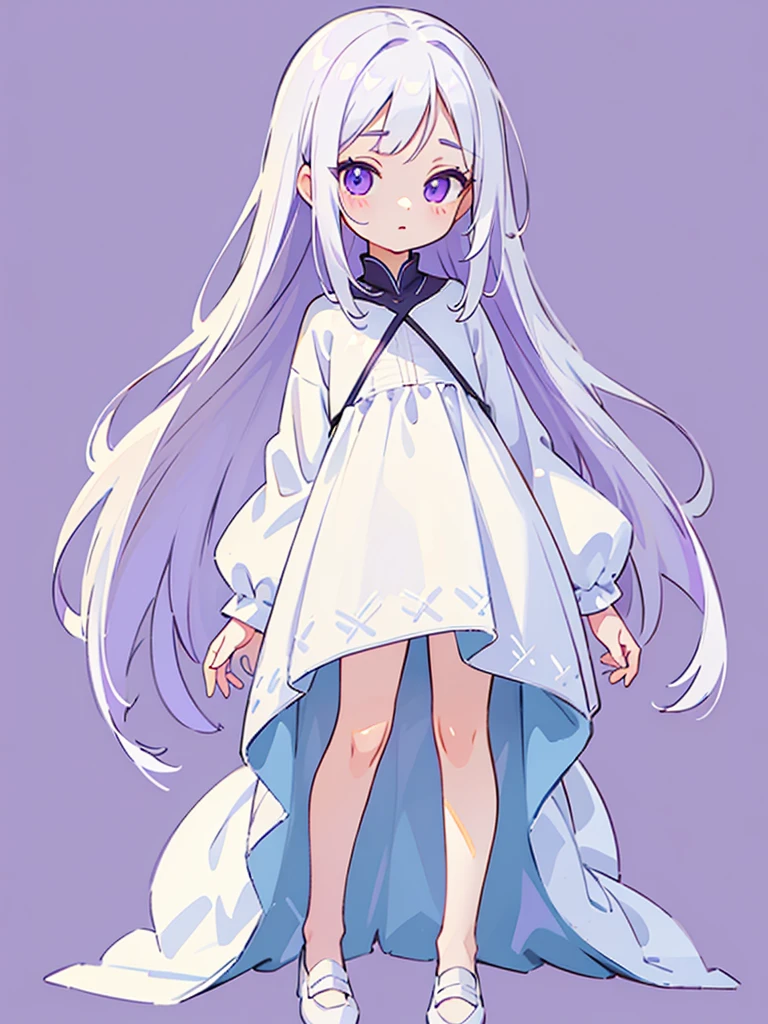 (masterpiece), (  Details), (  Details face), (  Details eyes)  simple background,  one girl , ( s), (change),  purple eyes,  eyes are glowing,  standing, 1 size , White Hair,  long hair, white dress,  full body , (Alone), (( realistic ))