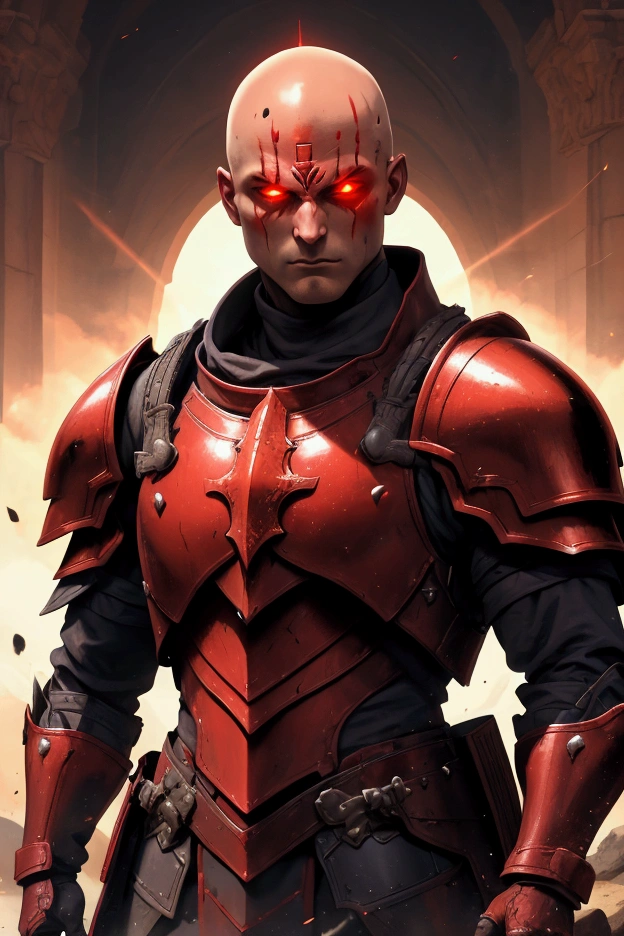 Man, bald, burn scur on head, scur on head, scur from head to left eye, red glowing eyes, Paladin armor, armor with sun simbol, Plate armor,
