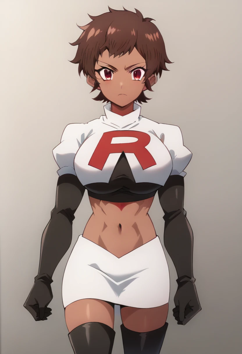 blossom, short hair, brown hair, dark-skinned female, 1girl, red eyes, solo, large breasts, muscular female, looking at viewer, team rocket,team rocket uniform,white skirt,red letter R,crop top,black thigh-highs,black elbow gloves, score_9, score_7_up,anime coloring ,source_anime, anime