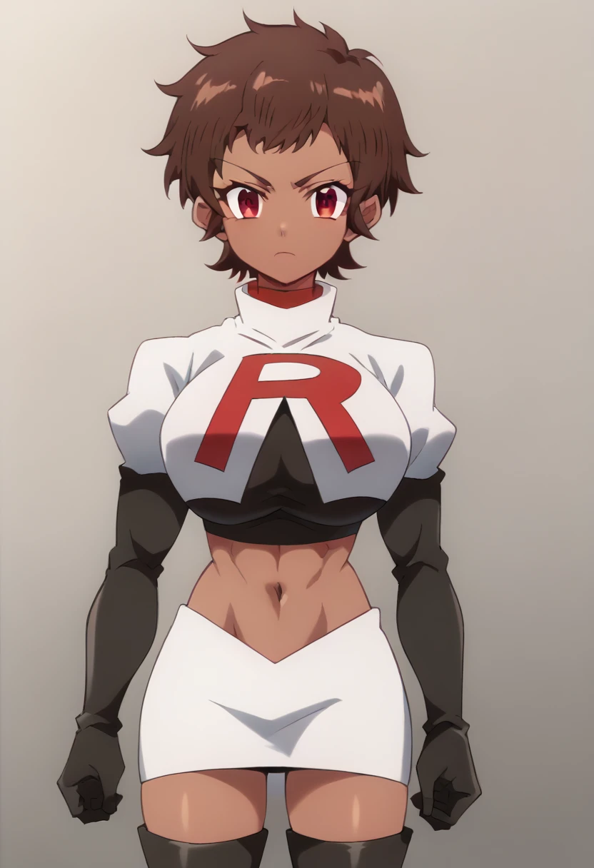 blossom, short hair, brown hair, dark-skinned female, 1girl, red eyes, solo, large breasts, muscular female, looking at viewer, team rocket,team rocket uniform,white skirt,red letter R,crop top,black thigh-highs,black elbow gloves, score_9, score_7_up,anime coloring ,source_anime, anime