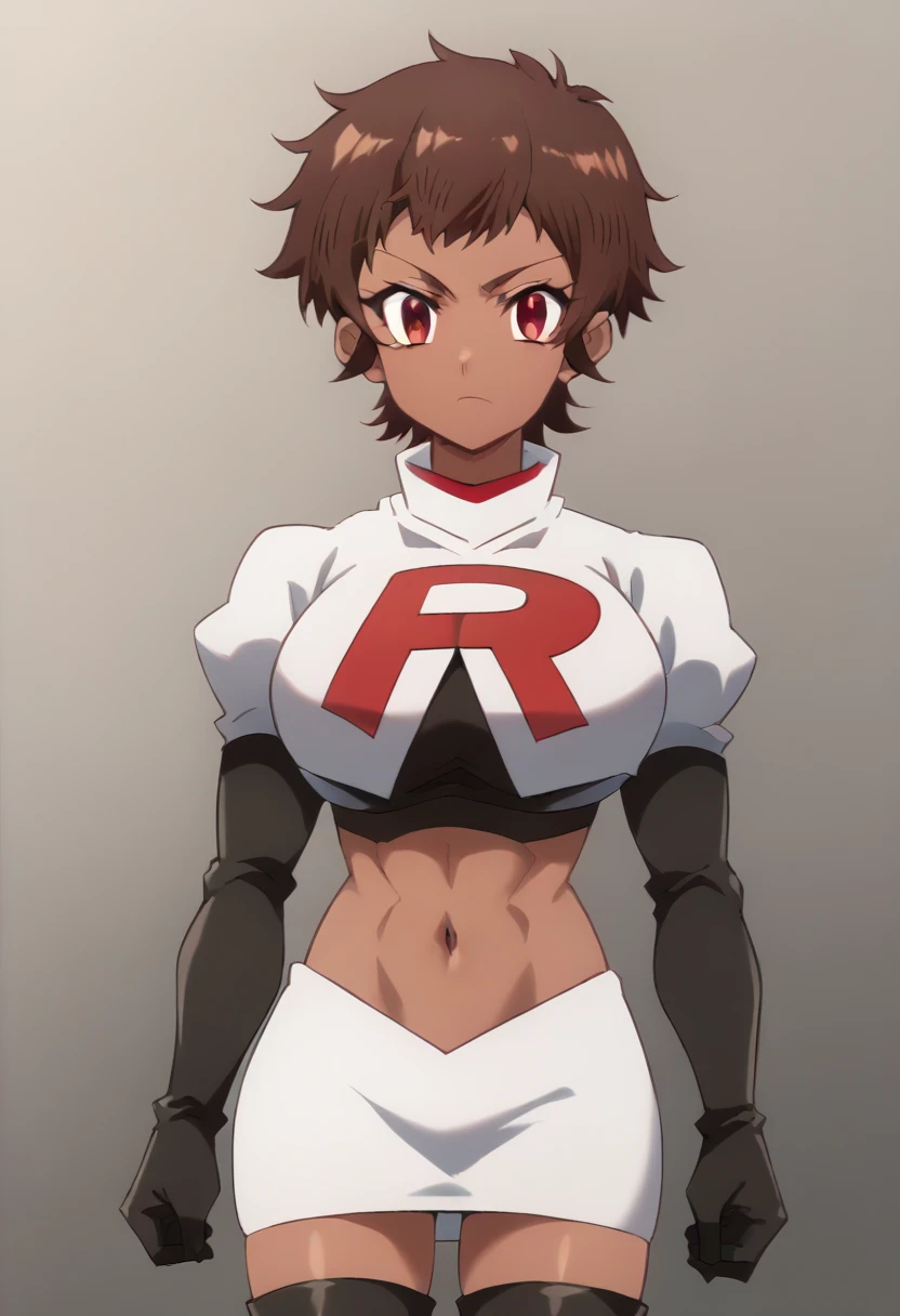 blossom, short hair, brown hair, dark-skinned female, 1girl, red eyes, solo, large breasts, muscular female, looking at viewer, team rocket,team rocket uniform,white skirt,red letter R,crop top,black thigh-highs,black elbow gloves, score_9, score_7_up,anime coloring ,source_anime, anime