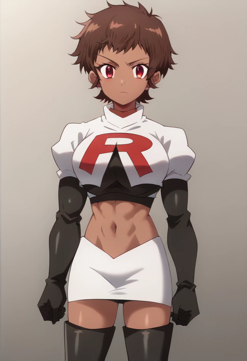 blossom, short hair, brown hair, dark-skinned female, 1girl, red eyes, solo, large breasts, muscular female, looking at viewer, team rocket,team rocket uniform,white skirt,red letter R,crop top,black thigh-highs,black elbow gloves, score_9, score_7_up,anime coloring ,source_anime, anime