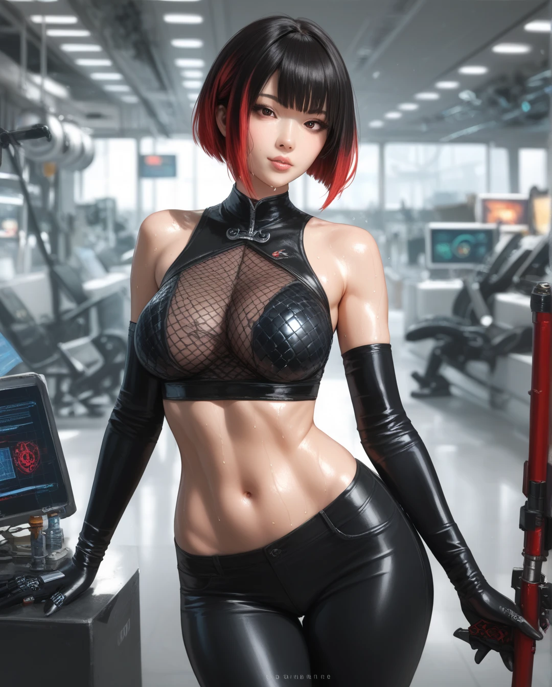 ((Best Quality))), (detailed), 8k,Visible curves, Wide hips, fit body, Realistic, belly, thighs, Standing, sweaty, steamy, thick, Black sleeveless blouse, black long gloves, black Pants , Asian, short black hair with red highlights, red eyes, Technological armor, synthetic 