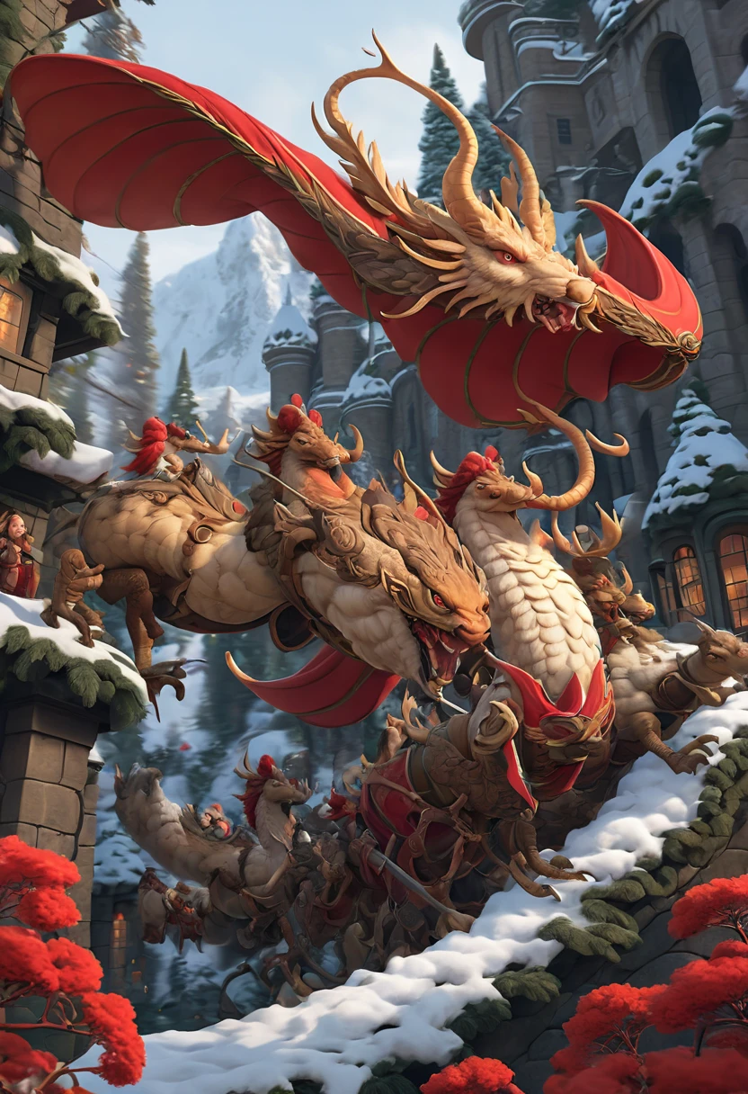 Santa's Sleigh pulled by dragons. The artwork is a highly detailed, award-winning digital painting, blending elements of realistic fantasy art, polished 2D vector illustration, and concept art, inspired by the styles of WLOP and Artgerm. The composition features sharp focus, intricate textures, and a refined, elegant aesthetic
