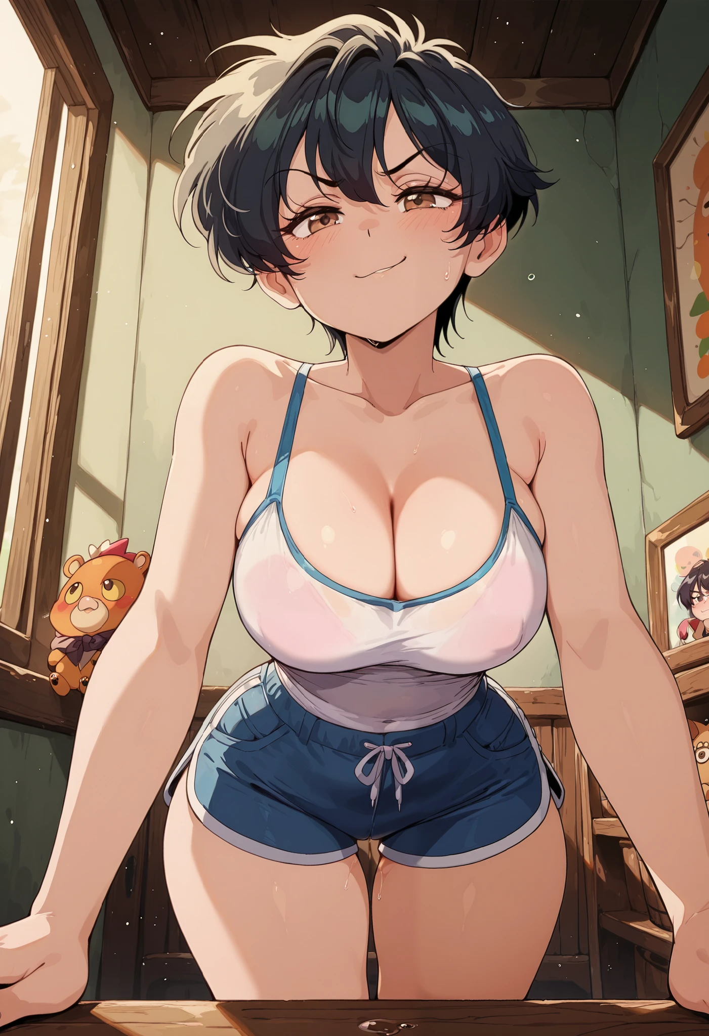 score_9, score_8_up, score_7_up, score_6_up, Bl3th3bn3_Styl3_SKNSFW, masterpiece, best quality, 1girl, tomboy, short hair, black hair, brown eyes, camisa blanca, falda de tubo, ropa de camarera, smug, smirk, seductivle look, cuerpo completo
