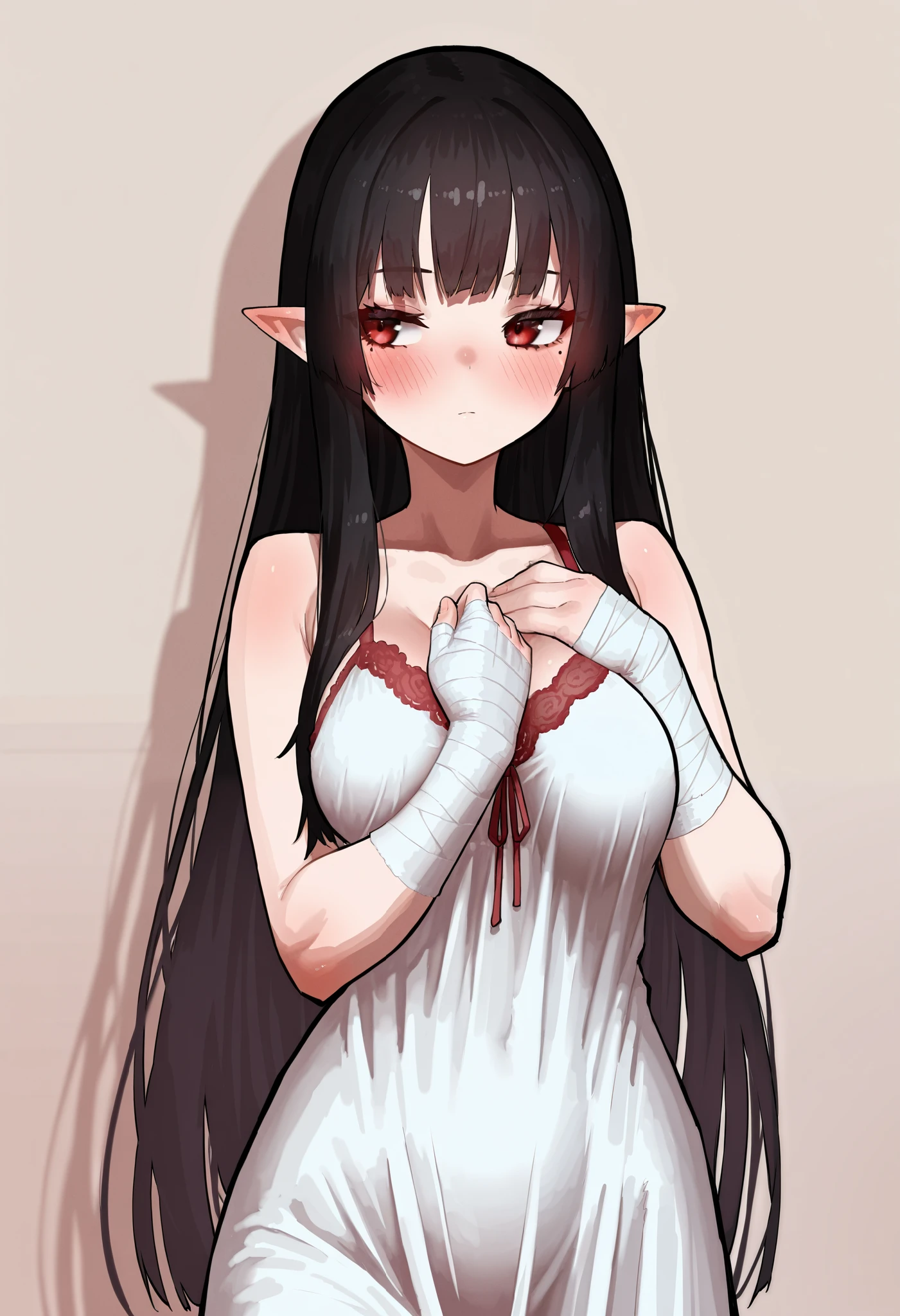 1girl, solo, ekrea jan style, black hair, long hair, straight hair, hime cut, side locks, dark red eyes, mole under both eye, nightgown, sleeveless, white dress, red lace, medium breasts, bandaged hands, pointy ears, hand on chest, blush, facing viewer, looking away, innexpressive, grey background, looking at viewer, masterpiece, best quality, amazing quality, very aesthetic, high resolution