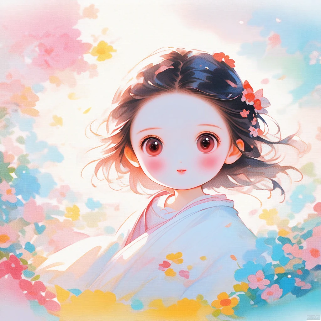 "Create a cute cartoon style drawing, A 7-year-old Japanese girl smiling slightly, Similar to Blythe dolls. She wears a kimono, The brunette is styled as Bob, Dark eyes, Cute little nose, and slender figure. The girl stood facing forward,Hang your hands at your sides, Legs straight, and feet pointing forward.full bodyesbian,Barefoot,Shoot at medium distance"