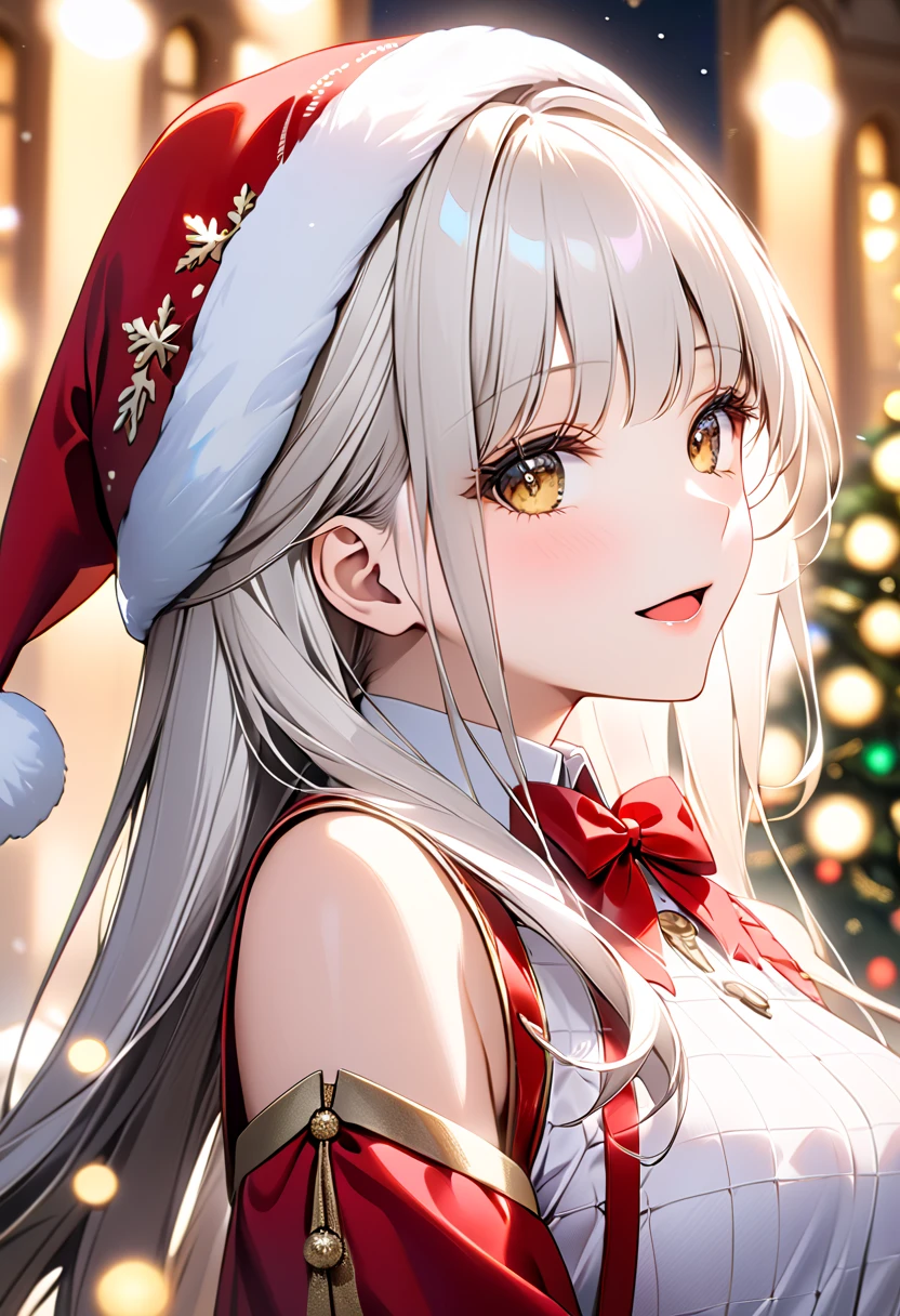  One girl , Alone,  Christmasケーキを持っている,【FHD,  super detailed ,  top quality ,  very delicate , ( upper body), cinematic lighting,  ultra detail showing the cathedral, 【FHD,  super detailed ,  top quality ,  very delicate , Side View, masterpiece,  top quality ,  Dynamic Angles ,  incredibly high resolution , highly detailed eyes, tsurime,  cute eyes from the right, smile,   open mouth , tooth,  full body ,  cute face, From the right, , Please turn sideways , , White Hair,   hair intake  , bangs,  long hair,  yellow eyes,  medium breasts, Polished nails, Santa hat, オフショルダーの Christmasコスチューム,  miniskirt,  Christmas long boots,  white fishnet pantyhose, ((Bokeh)),  hole,  Christmas , light,  neon sign , (Short focal length lens:1.4),  Cute Poses 