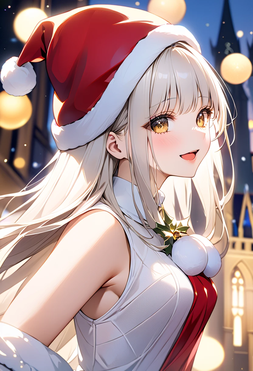  One girl , Alone,  Christmasケーキを持っている,【FHD,  super detailed ,  top quality ,  very delicate , ( upper body), cinematic lighting,  ultra detail showing the cathedral, 【FHD,  super detailed ,  top quality ,  very delicate , Side View, masterpiece,  top quality ,  Dynamic Angles ,  incredibly high resolution , highly detailed eyes, tsurime,  cute eyes from the right, smile,   open mouth , tooth,  full body ,  cute face, From the right, , Please turn sideways , , White Hair,   hair intake  , bangs,  long hair,  yellow eyes,  medium breasts, Polished nails, Santa hat, オフショルダーの Christmasコスチューム,  miniskirt,  Christmas long boots,  white fishnet pantyhose, ((Bokeh)),  hole,  Christmas , light,  neon sign , (Short focal length lens:1.4),  Cute Poses 