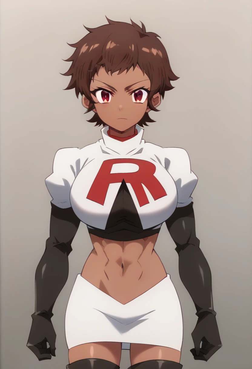 blossom, short hair, brown hair, dark-skinned female, 1girl, red eyes, solo, large breasts, muscular female, looking at viewer, team rocket,team rocket uniform,white skirt,red letter R,crop top,black thigh-highs,black elbow gloves, score_9, score_7_up,anime coloring ,source_anime, anime