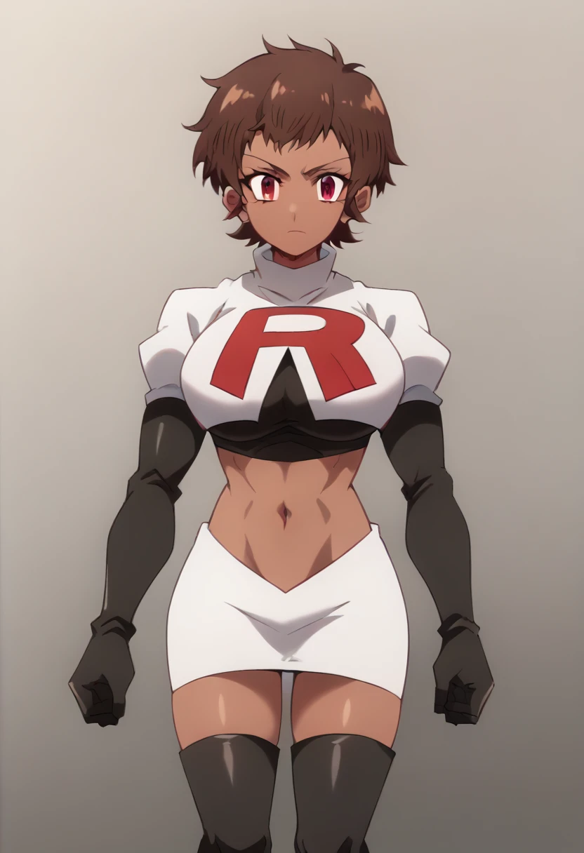 blossom, short hair, brown hair, dark-skinned female, 1girl, red eyes, solo, large breasts, muscular female, looking at viewer, team rocket,team rocket uniform,white skirt,red letter R,crop top,black thigh-highs,black elbow gloves, score_9, score_7_up,anime coloring ,source_anime, anime