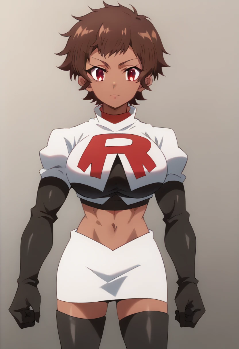 blossom, short hair, brown hair, dark-skinned female, 1girl, red eyes, solo, large breasts, muscular female, looking at viewer, team rocket,team rocket uniform,white skirt,red letter R,crop top,black thigh-highs,black elbow gloves, score_9, score_7_up,anime coloring ,source_anime, anime