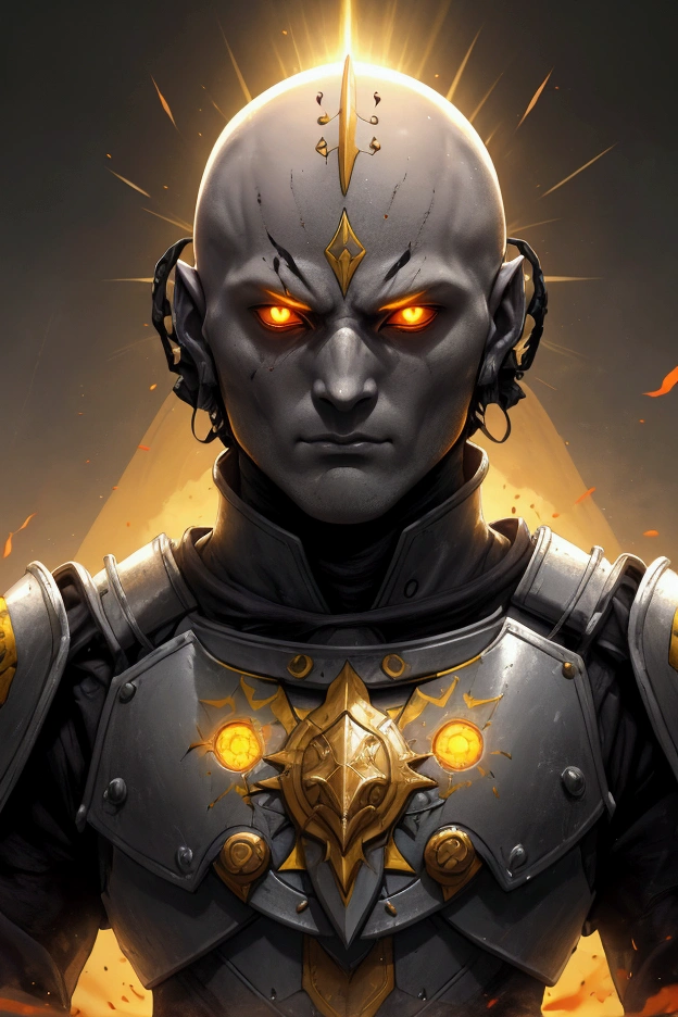 Man, bald, burn scur on head, scur on head, scur from head to left eye, Yellow glowing eyes, Paladin armor, armor with sun simbol, Plate armor, Gray background with sun simbol and flames
