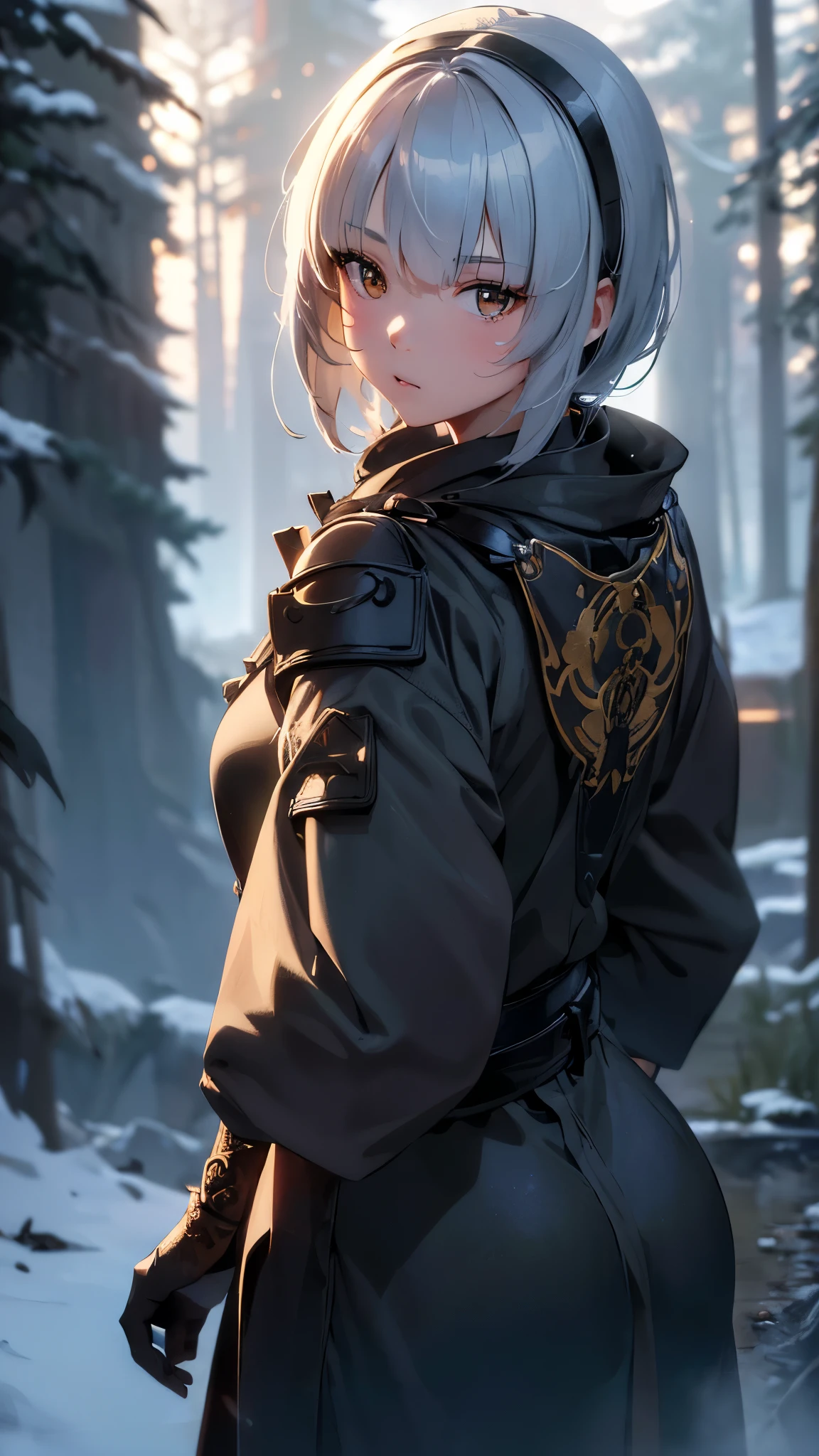 beautiful detailed girl samurai, 18 years old, sexy flexible body, long legs, detailed delicate facial features, beautiful detailed eyes, slightly plump lips, samurai stance, holding katana raised overhead, icy cold winter landscape, snow covered pine trees, moody cinematic lighting, dramatic shadows, intricate ornate armor, flowing robes, (best quality,8k,highres,masterpiece:1.2),ultra-detailed,(realistic,photorealistic:1.37),detailed portrait,cinematic lighting,dramatic shadows,muted color palette,moody atmosphere