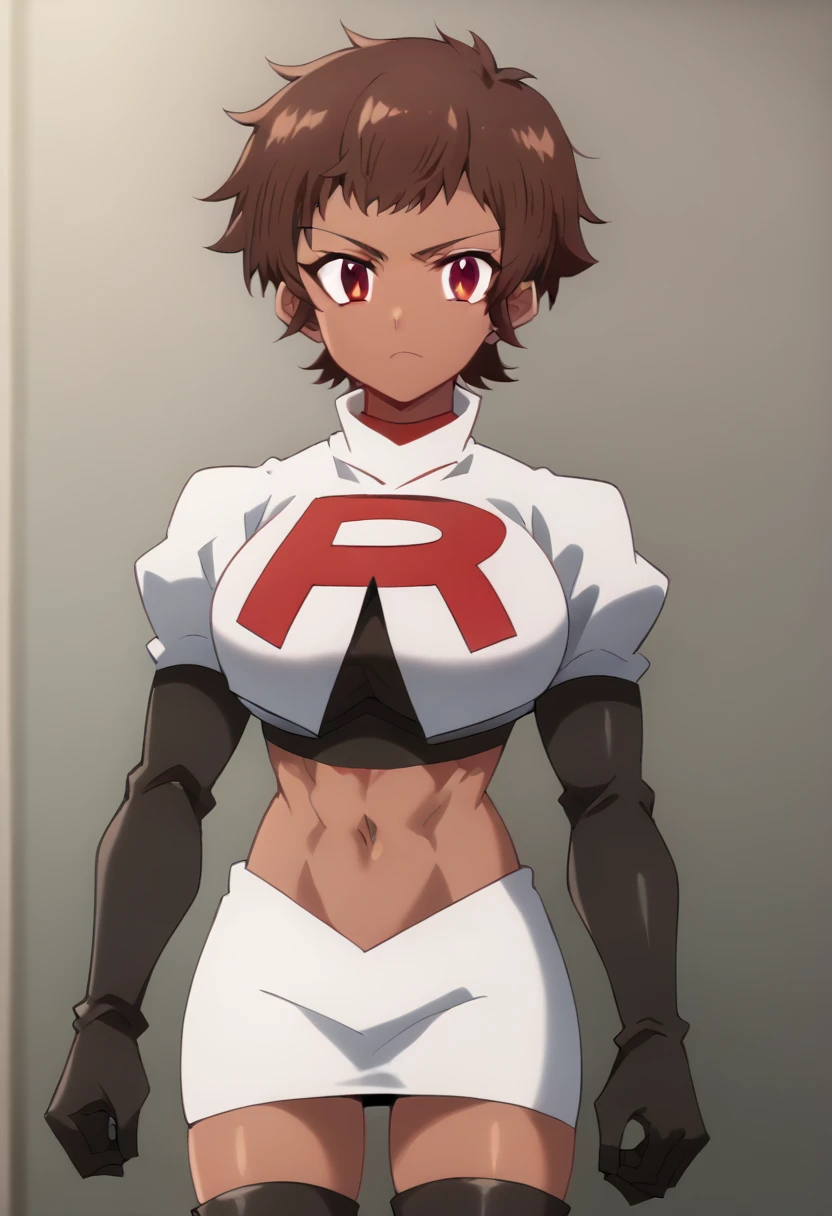 blossom, short hair, brown hair, dark-skinned female, 1girl, red eyes, solo, large breasts, muscular female, looking at viewer, team rocket,team rocket uniform,white skirt,red letter R,crop top,black thigh-highs,black elbow gloves, score_9, score_7_up,anime coloring ,source_anime, anime