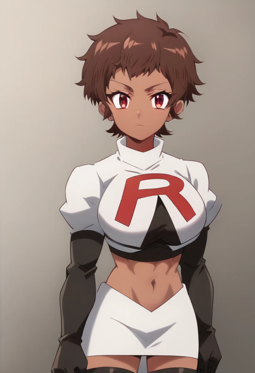 blossom, short hair, brown hair, dark-skinned female, 1girl, red eyes, solo, large breasts, muscular female, looking at viewer, team rocket,team rocket uniform,white skirt,red letter R,crop top,black thigh-highs,black elbow gloves, score_9, score_7_up,anime coloring ,source_anime, anime