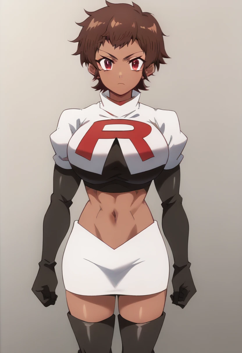 blossom, short hair, brown hair, dark-skinned female, 1girl, red eyes, solo, large breasts, muscular female, looking at viewer, team rocket,team rocket uniform,white skirt,red letter R,crop top,black thigh-highs,black elbow gloves, score_9, score_7_up,anime coloring ,source_anime, anime