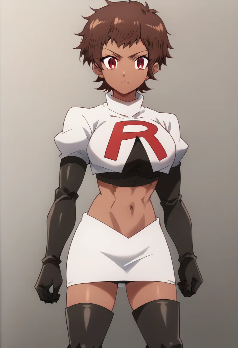 blossom, short hair, brown hair, dark-skinned female, 1girl, red eyes, solo, large breasts, muscular female, looking at viewer, team rocket,team rocket uniform,white skirt,red letter R,crop top,black thigh-highs,black elbow gloves, score_9, score_7_up,anime coloring ,source_anime, anime